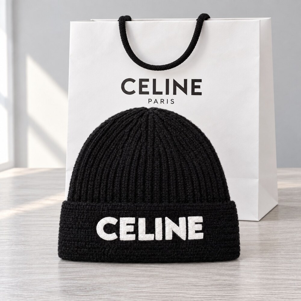 CELINE Black Ribbed Knit Beanie - Picture 1 of 6